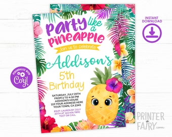 Pineapple Birthday Invitation, Editable, Tropical Party Invitation, Luau Invitation, Summer Party, Pineapple Invite, Instant Download