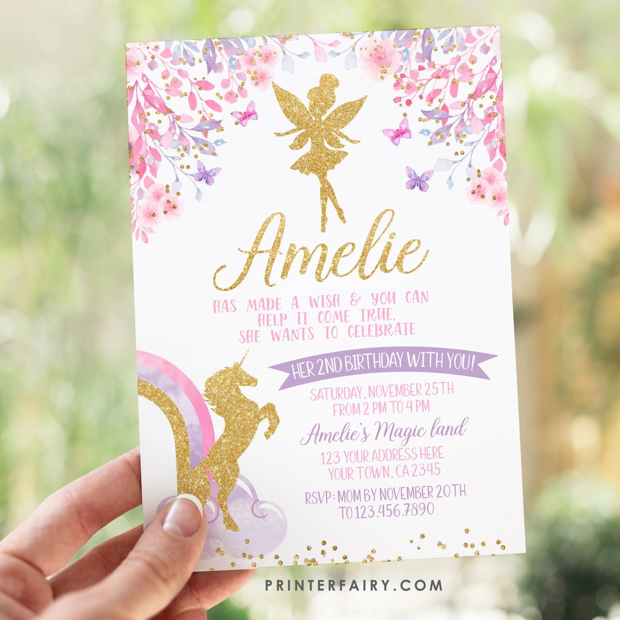 EDITABLE Fairy and Unicorn Birthday Invitation, Floral Birthday Party, Magical Birthday Party, EDIT YOURSELF Digital Invite