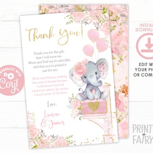 Baby Shower por Correo Gracias Tarjetas, EDITABLE, Elefante Baby Shower Gracias Tarjetas, Virtual Baby Shower, Mail Baby Shower, Descarga Instantánea