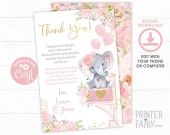 Baby Shower by Mail Thank You Cards, EDITABLE, Elephant Baby Shower Thank You Cards, Virtual Baby Shower, Mail Baby Shower, Instant Download