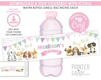 Puppy Water Bottle Labels, Dog Water Bottle Labels, Dog Birthday Party Decorations, Pet Adoption Party , Paw-ty Birthday, INSTANT DOWNLOAD