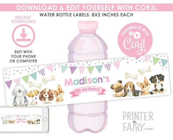 Puppy Water Bottle Labels, Dog Water Bottle Labels, Dog Birthday Party Decorations, Pet Adoption Party , Paw-ty Birthday, INSTANT DOWNLOAD Il_570xn