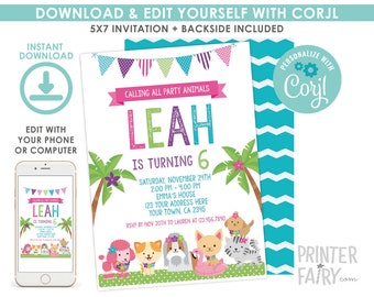 EDITABLE Puppy Birthday Invitation, Luau Pet adoption Party, Dogs Birthday Invitation, Luau Invitation, EDIT YOURSELF Digital Invite