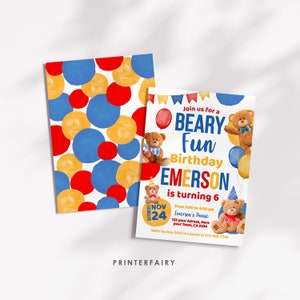 Bear Birthday Party Invitation Editable Beary Fun Birthday Bear ...