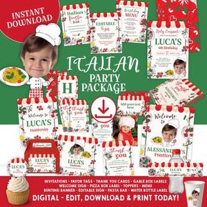 Kit para festa de aniversário italiana, modelo editável, convite para festa de pizza em Trattoria, decoração de festa, etiquetas de agradecimento, rótulo para caixa de pizza, download instantâneo