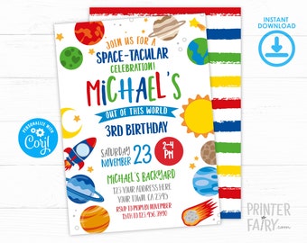 Editable Space Birthday Invitation, Out of this world Birthday, Planets Birthday Invite, Galaxy Party theme, Planets Party, INSTANT DOWNLOAD