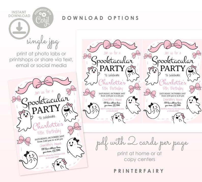Spooktacular Party Pink Halloween Coquette Ghost Birthday Invitation Editable Template, Instant Download image 7