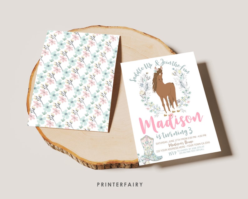 Horse Birthday Invitation, Cowgirl Invitation, Pony Party Invitation, Horse Invites, Floral Birthday Invitation, INSTANT DOWNLOAD image 2