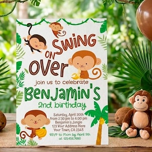 Monkey Birthday Invitation Editable Template, Instant Download