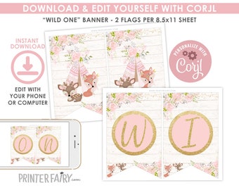 Wild One Girl Banner, EDITABLE, Tribal Printable Banner, EDIT YOURSELF, Tribal Woodland Birthday Decorations, Boho Party, Instant Download