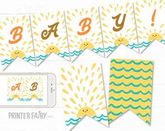 Here Comes The Sun Baby Shower Banner, Instant Download, Baby Shower Boho Sunshine Party Printable Template, Here Comes The Sun Baby Shower