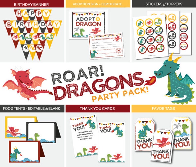 Dragon Party Printable, Dragon Birthday Party, Dragon Birthday Decor, Banner, Tags, Food Tents, Thank You Cards, Toppers, Instant download image 1