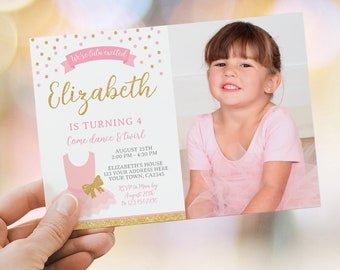 May include: Pink and gold birthday invitation with a photo of a young girl in a pink tutu. The invitation says "We're tutu excited Elizabeth is turning 4 Come dance & twirl" and includes the date, time, and location of the party.