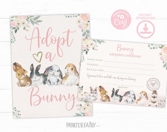 Bunny Adoption, EDITABLE, Bunny Adoption Certificate, Bunny Adoption Center, Easter Game, Party Game, Pet Adoption Sign, INSTANT DOWNLOAD