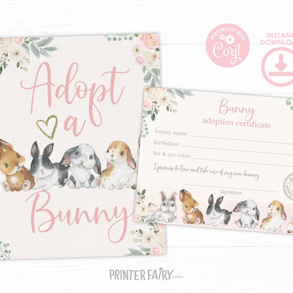 Bunny Adoption, EDITABLE, Bunny Adoption Certificate, Bunny Adoption Center, Easter Game, Party Game, Pet Adoption Sign, INSTANT DOWNLOAD