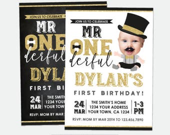 Mr Onederful First Birthday Invitation with Photo, Boys 1st Birthday, Personalized Invitations, 2 options