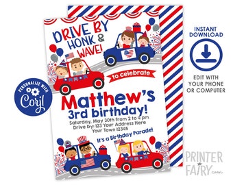 4th of July Parade Invitation, Editable, Birthday Parade, Indepence Day Invitation, 4th of July Party, Instant Download