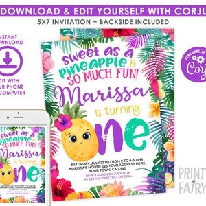 Pineapple First Birthday Invitation, Editable, Tropical Party Invitation, Luau Birthday Invitation, Pineapple Invite, Instant Download image 2