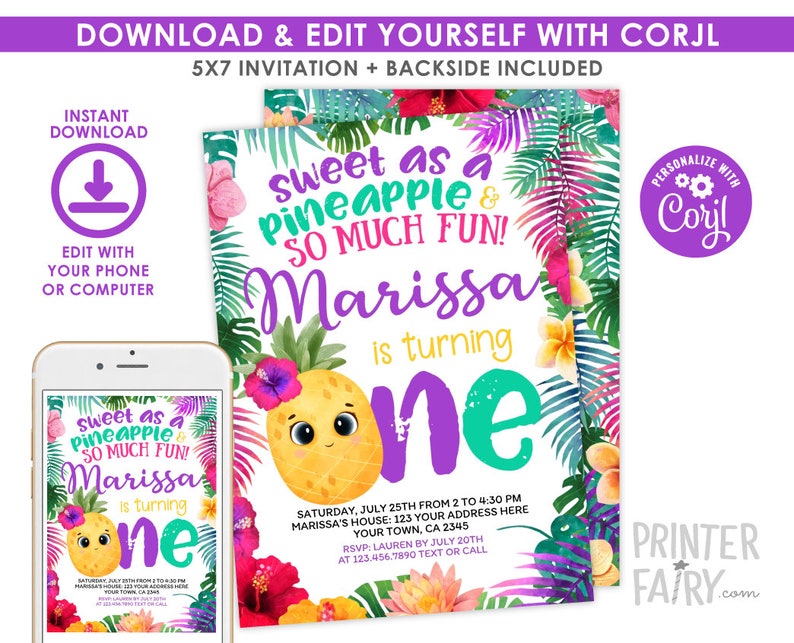 Pineapple First Birthday Invitation, Editable, Tropical Party Invitation, Luau Birthday Invitation, Pineapple Invite, Instant Download image 2