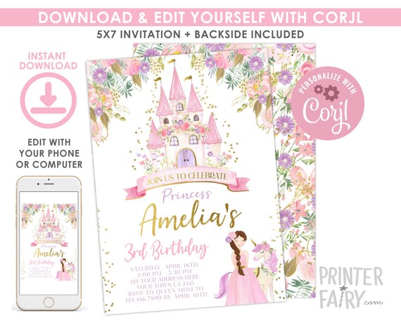 Princess Birthday Invitation, EDITABLE, Royal Birthday Invitation, Castle Birthday Party, Any age, EDIT YOURSELF Digital, Instant Download Il_570xn