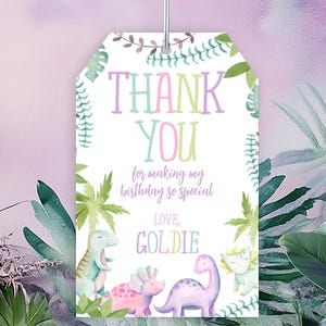 Dinosaur Favor Tags, EDITABLE, Dinosaur Thank You Tags, Girl Birthday Party, Dinosaur Birthday Decorations, Printable Tags, INSTANT DOWNLOAD