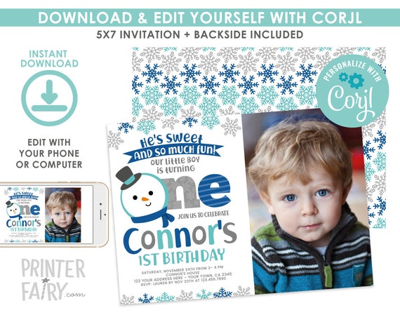 Snowflake First Birthday Invitation with Photo, Winter ONEderland, EDITABLE, Snowman Invitation, EDIT YOURSELF Digital Invite Il_570xn