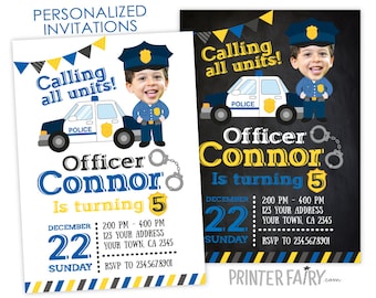 May include: A blue and yellow police car birthday invitation with a photo of a boy dressed as a police officer. The invitation says "Calling all units! Officer Connor is turning 5" and includes the date and time of the party.
