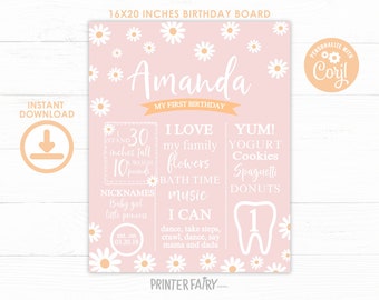 Daisy Milestones Board, EDITABLE Daisy Birthday Party, Floral Birthday Party, Flower Birthday Party, Daisy 1st Birthday, INSTANT DOWNLOAD