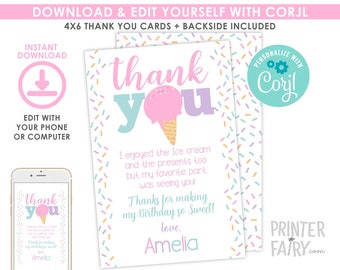 Ice Cream Thank You Cards, EDITABLE, Ice Cream Thank You Notes, EDIT YOURSELF, Ice Cream Birthday, Ice Cream Party, Instant Download