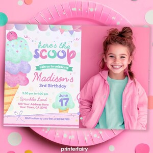 Ice Cream Birthday Party Invitation EDITABLE Template with Photo, Ice Cream Party, Heres the Scoop Invite, Birthday, Instant Download