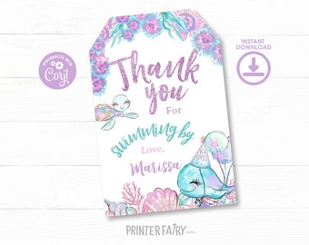 Under The Sea Birthday Party Favor Tags, Ocean Birthday Thank You Tags, Editable Favor Tags, Birthday Party Favors, Instant Download Prints