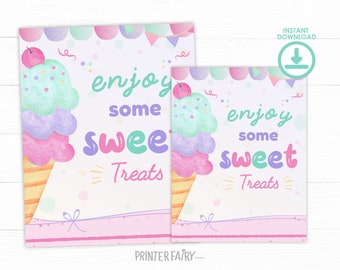 Ice Cream Table Sign, Enjoy Some Sweet Treats Sign, Ice Cream Decorations, Ice Cream Birthday Party, Summer Birthday, INSTANT DOWNLOAD