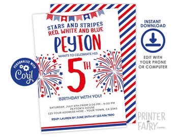 4th of July Invitation, Editable, First Birthday Invitation, Indepence Day Invitation, 4th of July Party, EDIT YOURSELF Digital Invite