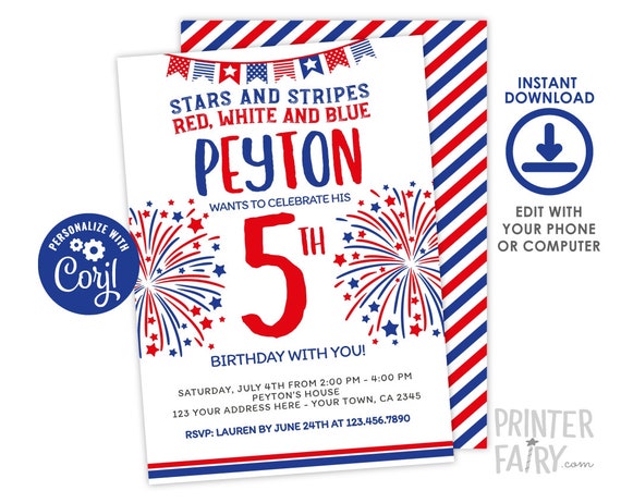 4th of July Invitation, Editable, First Birthday Invitation, Indepence Day Invitation, 4th of July Party, EDIT YOURSELF Digital Invite Il_570xn