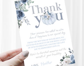 Dusty Blue Thank You Notes for Bridal & Baby Showers or Birthdays - Pumpkin Floral Blue Party Thank You Card, Editable with Corjl
