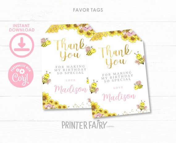Bee Favor Tags, Editable Sign, Honey Bee Birthday, Bee Birthday Party, Sunflower Bee, Beeday, Sunflower Thank You Tag, Instant Download Il_570xn