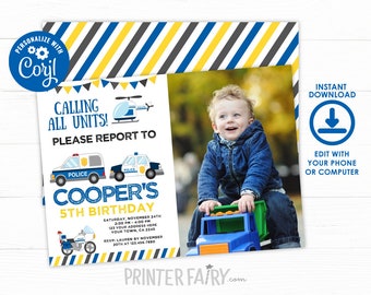 EDITABLE, Police Officer Invitation with photo, Policeman Birthday Party, Cops and Robbers Birthday Party, Police Invite, INSTANT DOWNLOAD