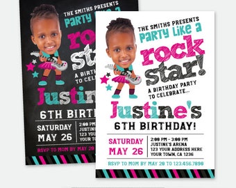 Rock Star Girl Invitation with Picture, Rock Invitations, Rockstar Birthday Party, Personalized Digital Invitation, 2 options