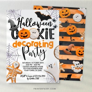 May include: A Halloween cookie decorating party invitation featuring a white background with black spiderwebs, a witch hat, and cookies shaped like pumpkins, mummies, and skeletons. The text reads Halloween Cookie decorating Party, Saturday, October 29th, 2:00 PM - 4:00 PM, Olivia's Haunted House, 123 Your Address Here, Your Town, CA 2345, RSVP to Lauren at 123.456.7890 by October 20th.