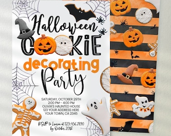 Halloween Cookie Decorating Party Invitation Pumpkin Ghost Witch Bat Cookie Editable Digital Invitation Event Flyer Instant Download HKD