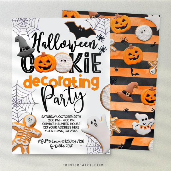 Halloween Cookie Decorating Party Invitation Pumpkin Ghost Witch Bat Cookie Editable Digital Invitation Event Flyer Instant Download HKD
