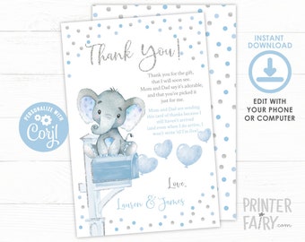 Baby Shower by Mail Thank You Cards, EDITABLE, Elephant Baby Shower Thank You Cards, Virtual Baby Shower, Mail Baby Shower, Instant Download