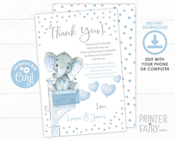 Baby Shower by Mail Thank You Cards, EDITABLE, Elephant Baby Shower Thank You Cards, Virtual Baby Shower, Mail Baby Shower, Instant Download Il_570xn