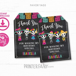 Tag der Toten Favor Tags, Dia de los muertos Danke Tags, Dia de los muertos Geburtstagsparty, Geschenkanhänger, Instant Download
