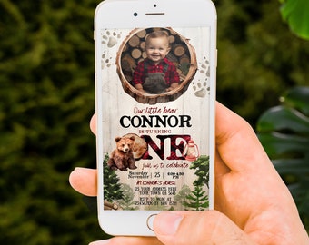 Lumberjack Bear First Birthday Evite with Photo, Editable Baby Bear 1st Birthday Party Digital Invitation, Lumberjack Woodland Invite