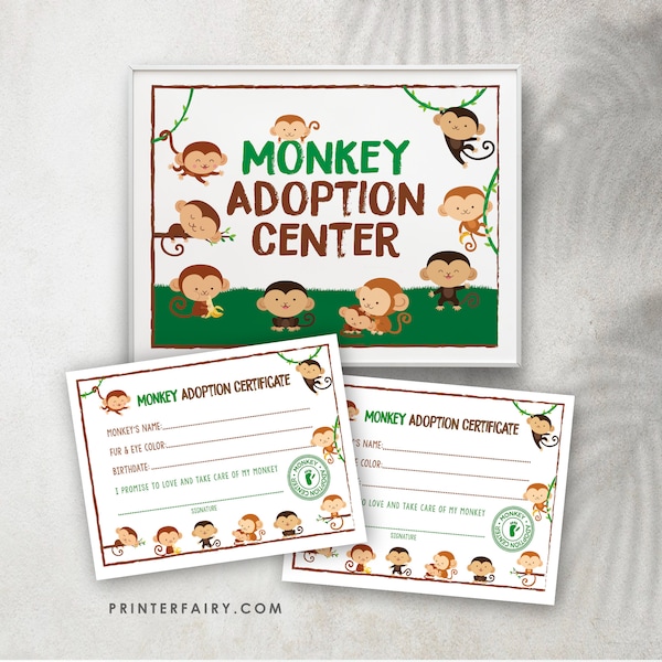 Monkey Adoption Center, Monkey Birthday Party, Monkey Sign, Pet Adoption Party, ZOO Birthday Party, Monkey Birthday Decor, Instant download