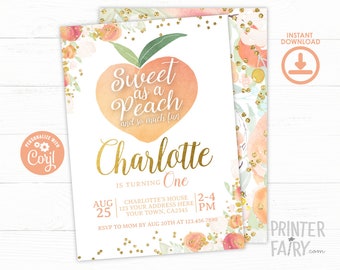 Peach First Birthday Invitation, EDITABLE, Sweet as a peach, Peach 1st Birthday, Floral Invitation, Girl Birthday Invite, INSTANT DOWNLOAD