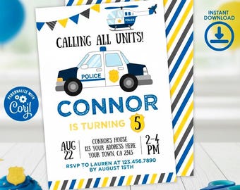 Police Car Birthday Party Invitation Editable Template, Instant Download