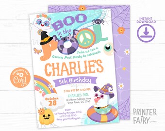 Halloween Pool Birthday Party Invitation, Editable, Halloween Party Invitation, Pool Party, Halloween Birthday Invite, Instant Download