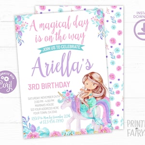 Unicorn and Mermaid Invitation, EDITABLE, Magical Celebration, Mermaid Birthday, Unicorn Invitation, Floral Party, INSTANT DOWNLOAD